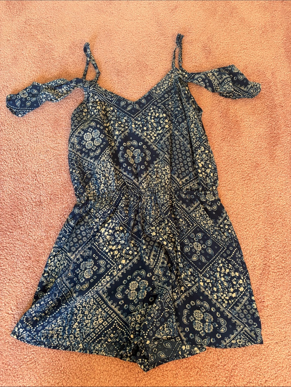 Navy Floral Bandana Print Off-Shoulder Romper Size Small